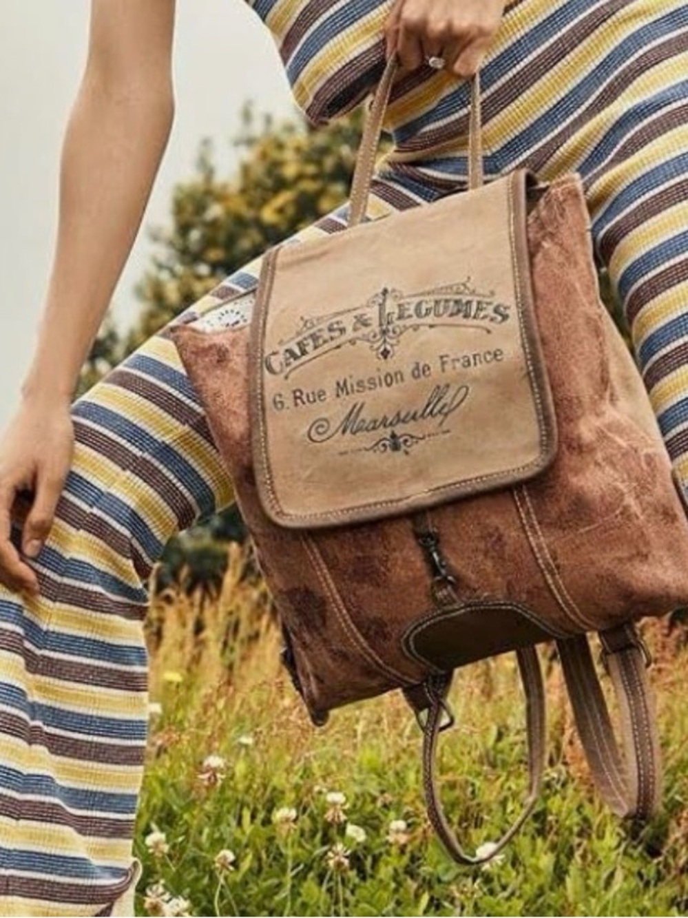 Myra Vintage-Inspired Brown Canvas Backpack Tote - Cafe & Legumes
